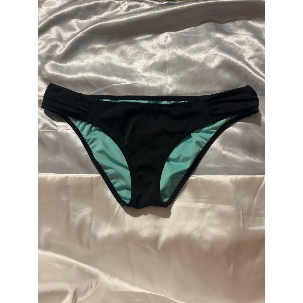 Shade & Shore Women Black Ruched Side Bikini Bottom Medium Mint Green Lining